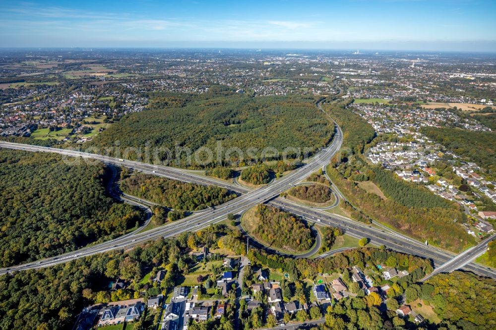 Schwerte from above - Traffic flow at the intersection- motorway A 1 and of A 45 in Schwerte in the state North Rhine-Westphalia, Germany