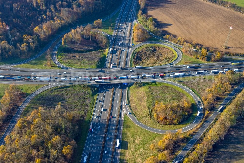 Aerial image Schwerte - Traffic flow at the intersection- motorway A 1 and of A 45 in Schwerte at Ruhrgebiet in the state North Rhine-Westphalia, Germany