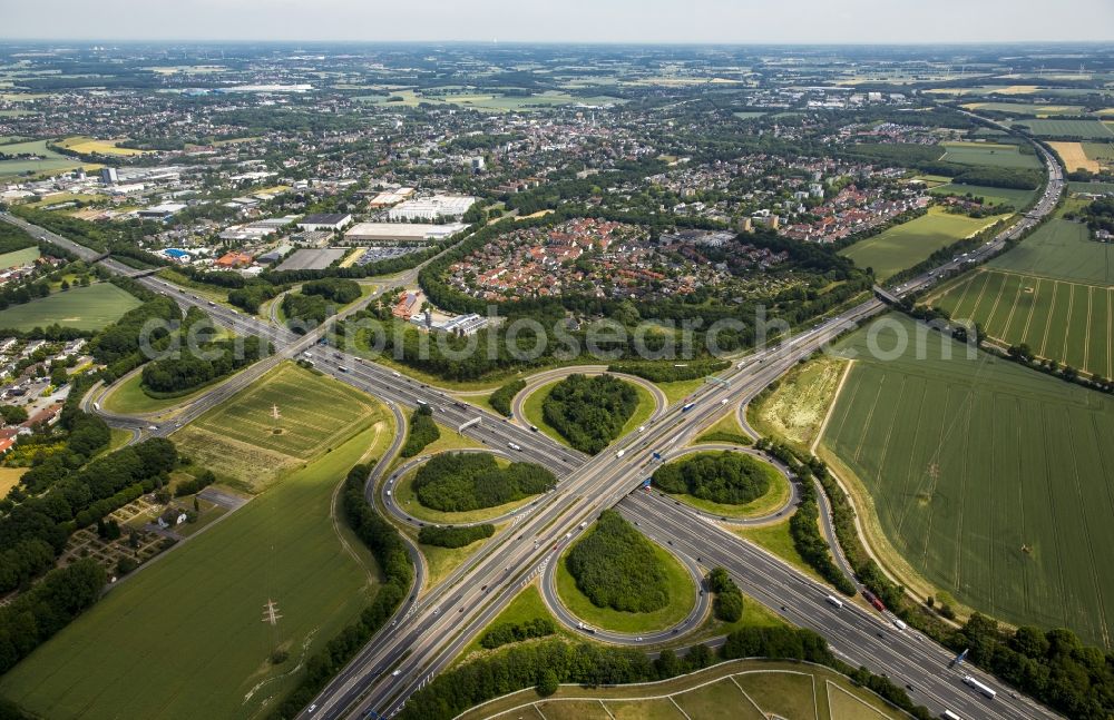 Unna from above - Traffic flow at the intersection- motorway A 44 in Unna in the state North Rhine-Westphalia