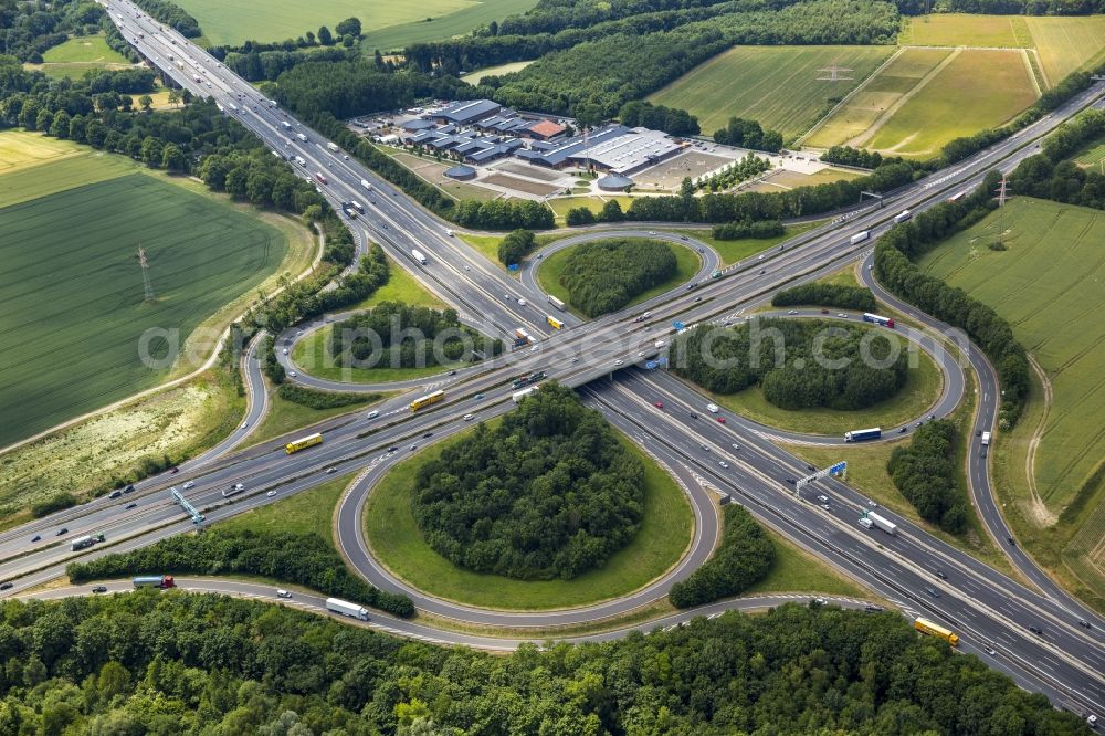 Aerial image Unna - Traffic flow at the intersection- motorway A 44 in Unna in the state North Rhine-Westphalia