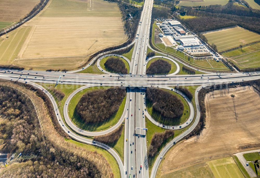 Unna from above - Traffic flow at the intersection- motorway A 44 Unna-Ost in Unna in the state North Rhine-Westphalia, Germany