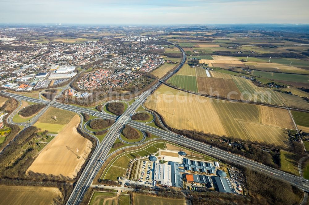 Aerial image Unna - Traffic flow at the intersection- motorway A 44 Unna-Ost in Unna in the state North Rhine-Westphalia, Germany