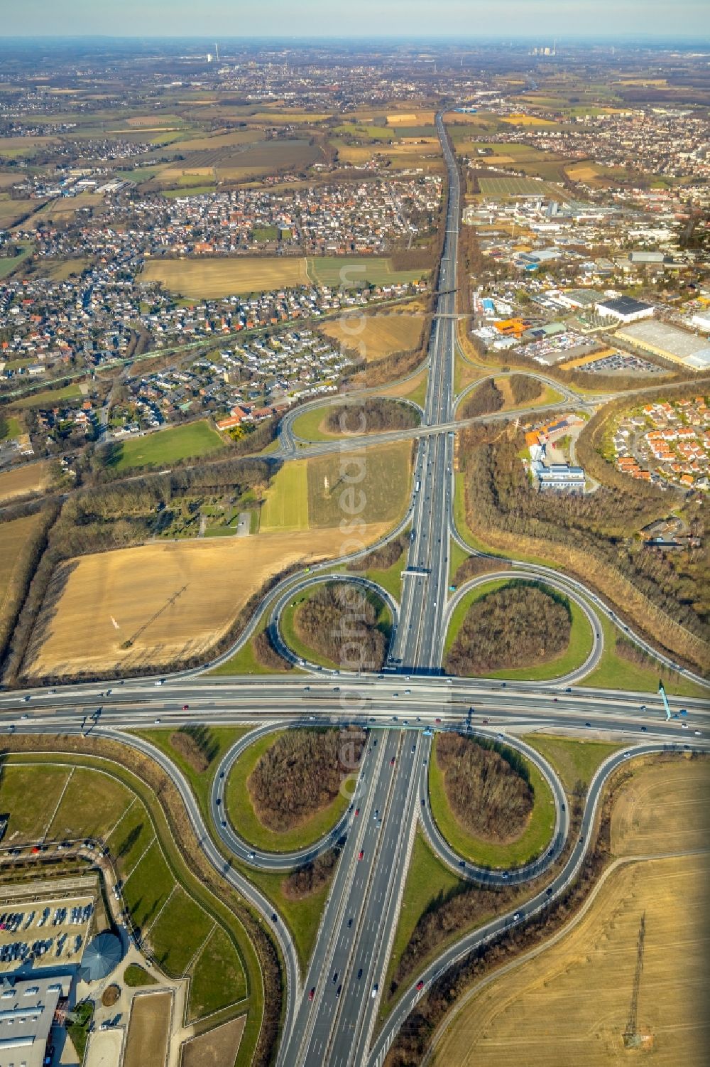 Unna from above - Traffic flow at the intersection- motorway A 44 Unna-Ost in Unna in the state North Rhine-Westphalia, Germany