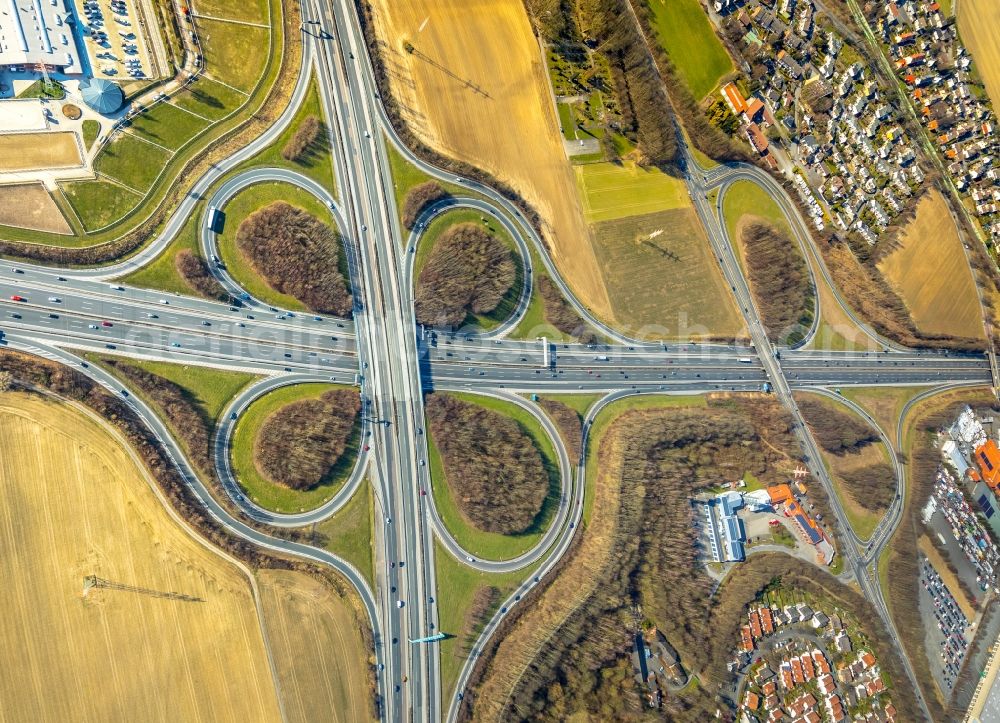 Aerial image Unna - Traffic flow at the intersection- motorway A 44 Unna-Ost in Unna in the state North Rhine-Westphalia, Germany