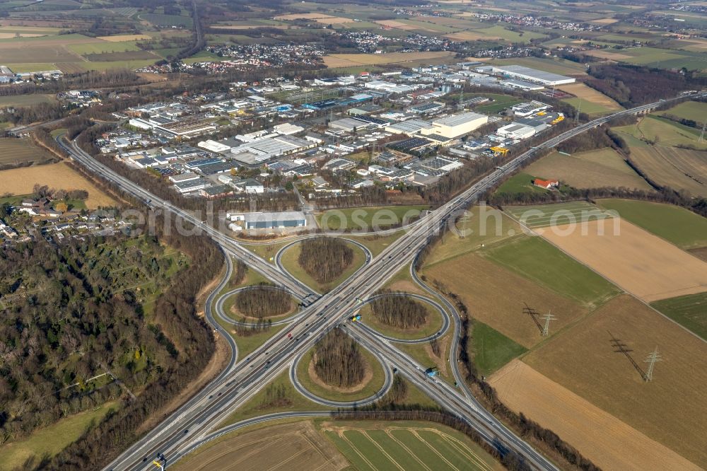 Unna from above - Traffic flow at the intersection- motorway A 44 Unna-Ost in Unna in the state North Rhine-Westphalia, Germany