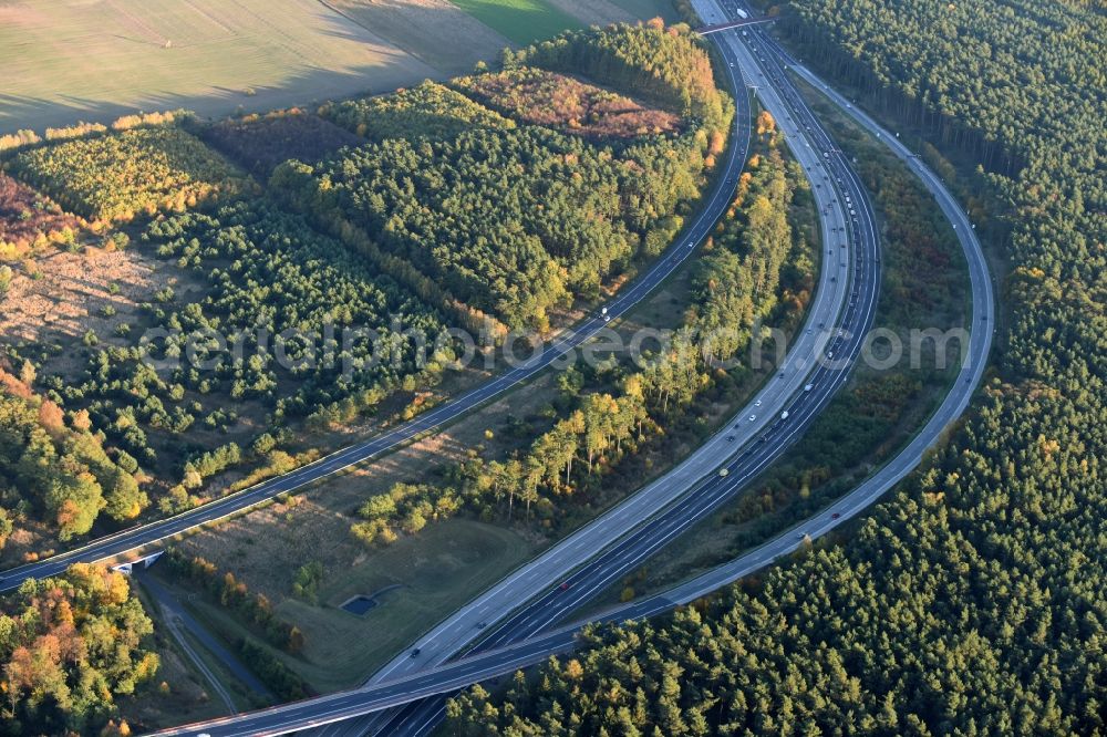 Aerial image Werder - Traffic flow at the intersection- motorway A 2 und A10 near Werder in the state Brandenburg