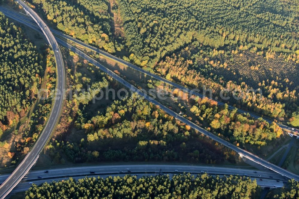 Werder from above - Traffic flow at the intersection- motorway A 2 und A10 near Werder in the state Brandenburg