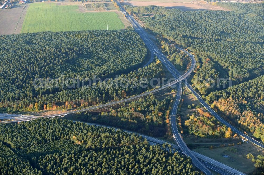 Werder from above - Traffic flow at the intersection- motorway A 2 und A10 near Werder in the state Brandenburg