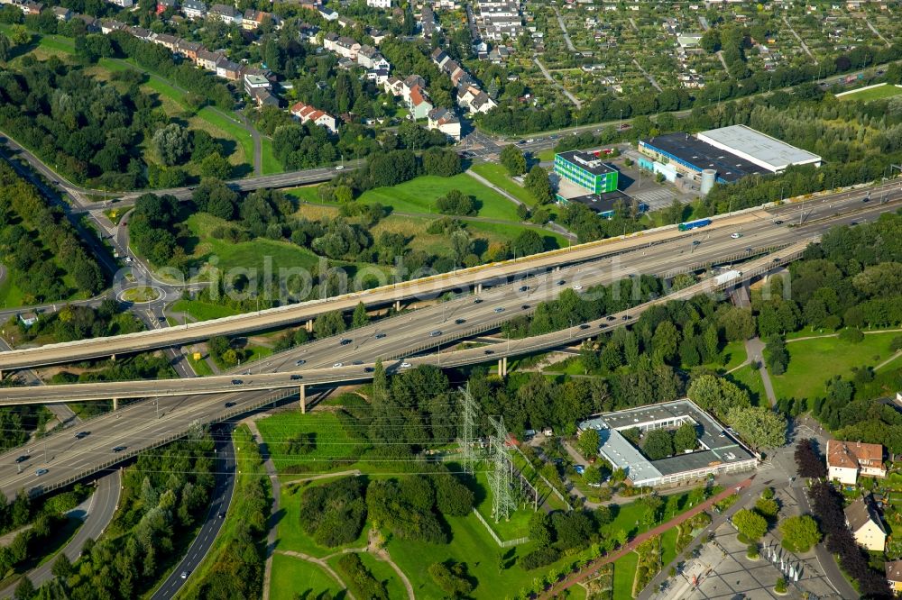 Aerial photograph Leverkusen - Traffic flow at the intersection- motorway A 1 and A 59 in the West of Leverkusen in the state of North Rhine-Westphalia