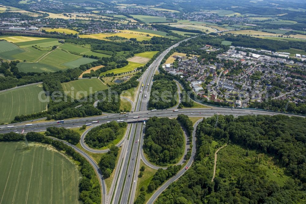 Aerial image Schwerte - Traffic flow at the intersection- motorway A 45 A1 - E37 E41 Westhofener Kreuz in Schwerte in the state North Rhine-Westphalia