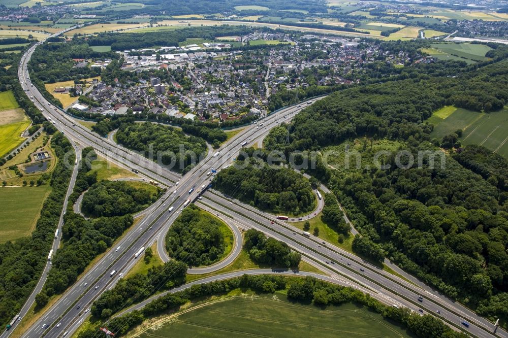 Schwerte from above - Traffic flow at the intersection- motorway A 45 A1 - E37 E41 Westhofener Kreuz in Schwerte in the state North Rhine-Westphalia