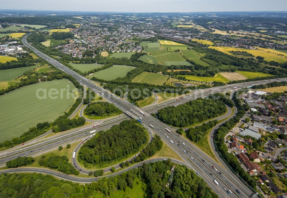 Schwerte from above - Traffic flow at the intersection- motorway A 45 A1 - E37 E41 Westhofener Kreuz in Schwerte in the state North Rhine-Westphalia