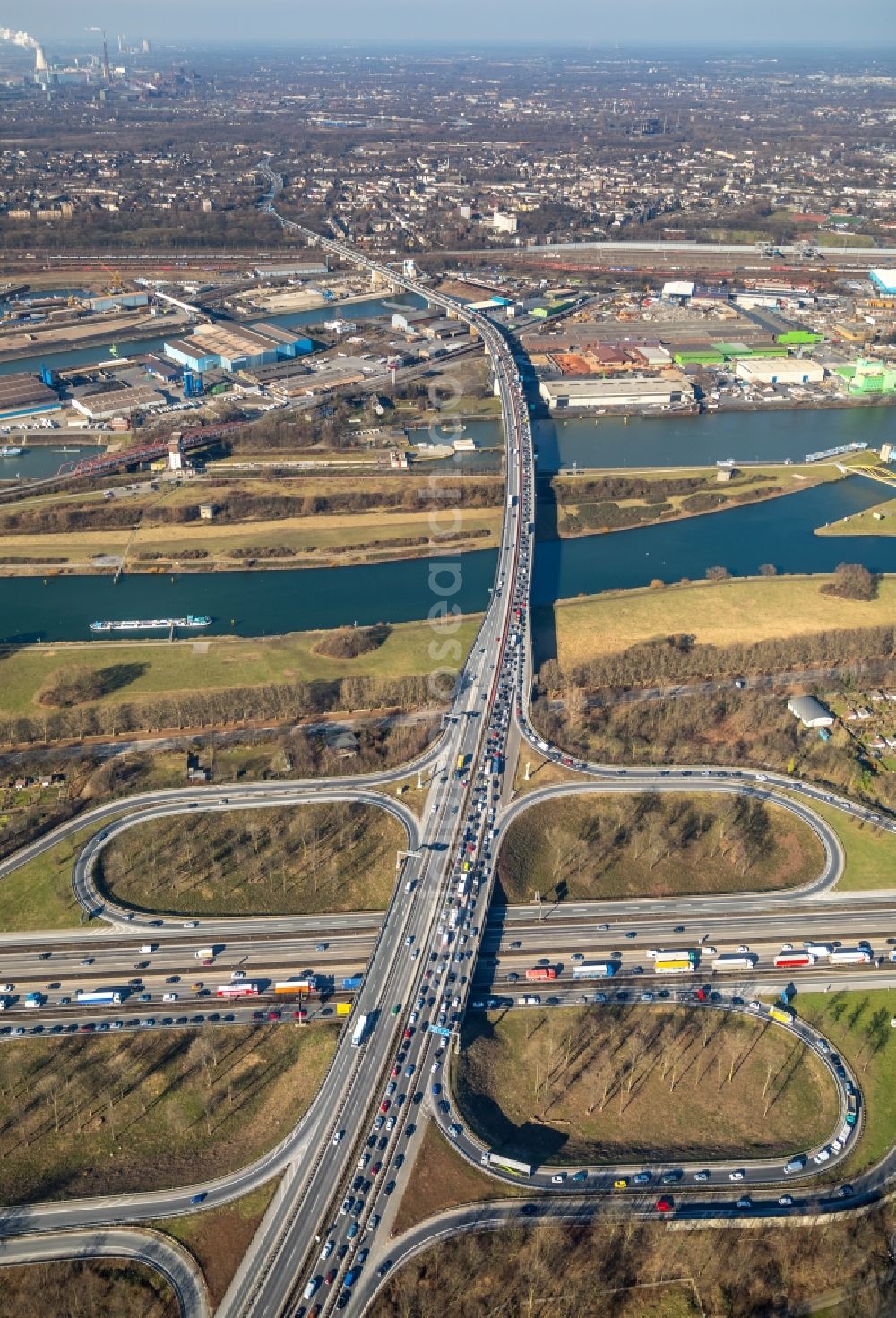 Duisburg from above - Traffic flow at the intersection- motorway A 40 to the A59 in Duisburg in the state North Rhine-Westphalia, Germany