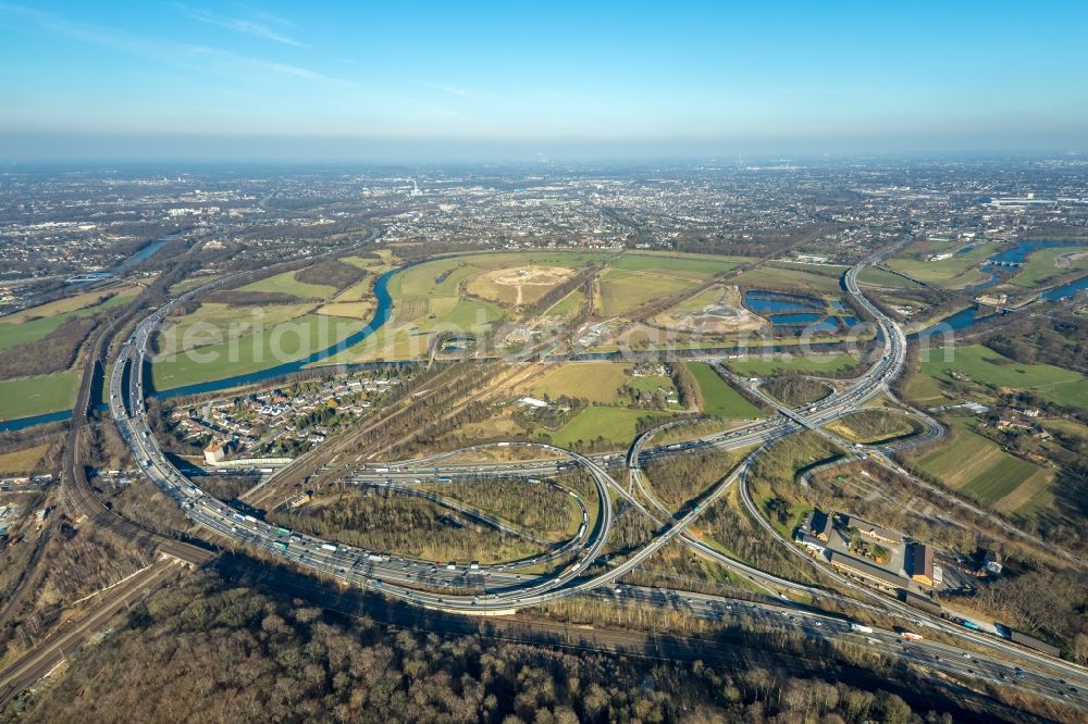 Duisburg from above - Traffic flow at the intersection- motorway A 40 to the A3 in Duisburg in the state North Rhine-Westphalia, Germany