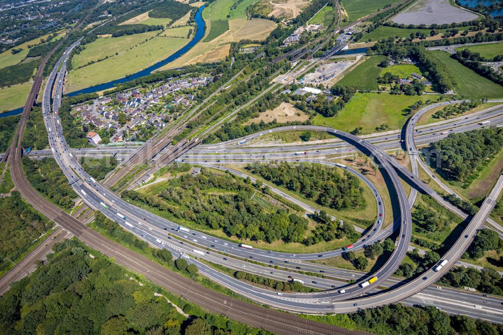 Duisburg from above - Traffic flow at the intersection- motorway A 40 to the A3 in Duisburg in the state North Rhine-Westphalia, Germany