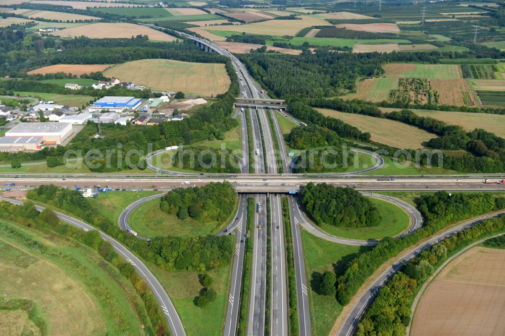 Aerial image Bassenheim - Traffic flow at the intersection- motorway A 48 to the A61 Kreuz Koblenz in Bassenheim in the state Rhineland-Palatinate, Germany