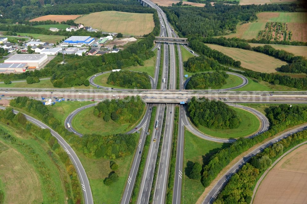 Bassenheim from above - Traffic flow at the intersection- motorway A 48 to the A61 Kreuz Koblenz in Bassenheim in the state Rhineland-Palatinate, Germany