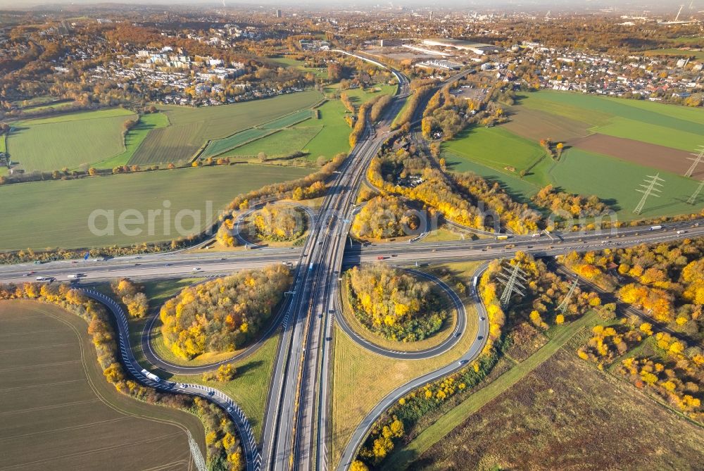 Bochum from above - Traffic flow at the intersection- motorway A 43 to the A448 in the district Bochum Ost in Bochum in the state North Rhine-Westphalia, Germany