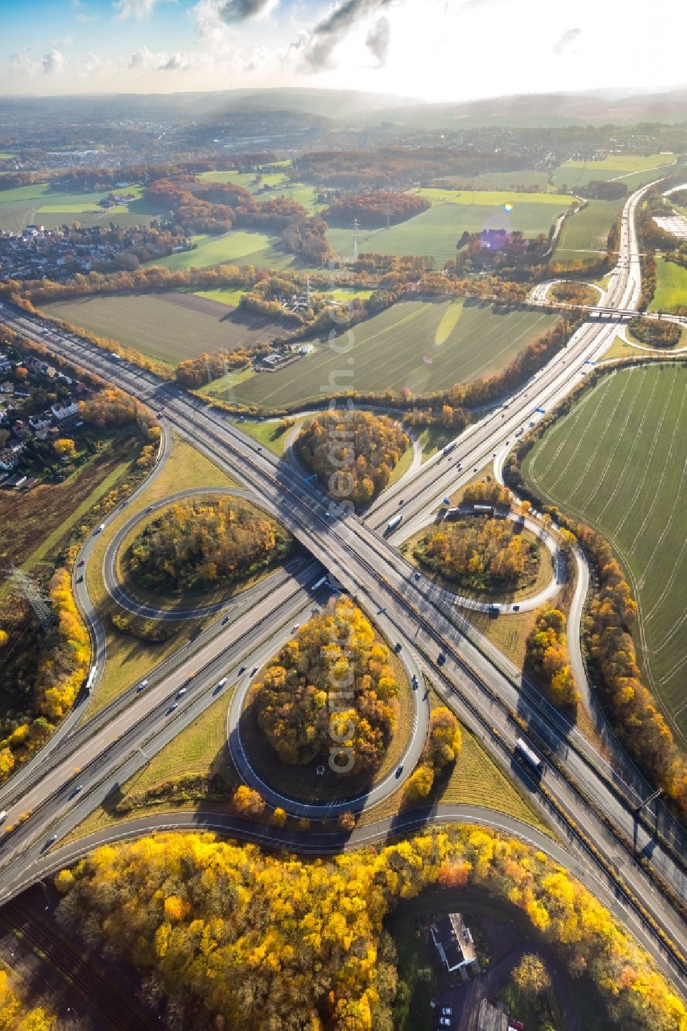 Aerial image Bochum - Traffic flow at the intersection- motorway A 43 to the A448 in the district Bochum Ost in Bochum in the state North Rhine-Westphalia, Germany