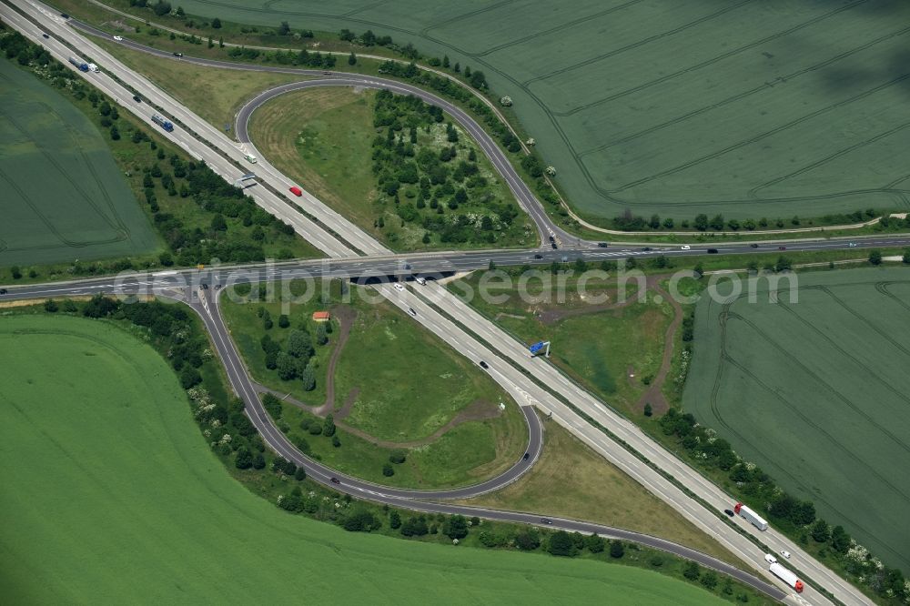 Bördeland from above - Traffic flow at the intersection- motorway of the B246a and the A 14 near Welsleben in Boerdeland in the state Saxony-Anhalt