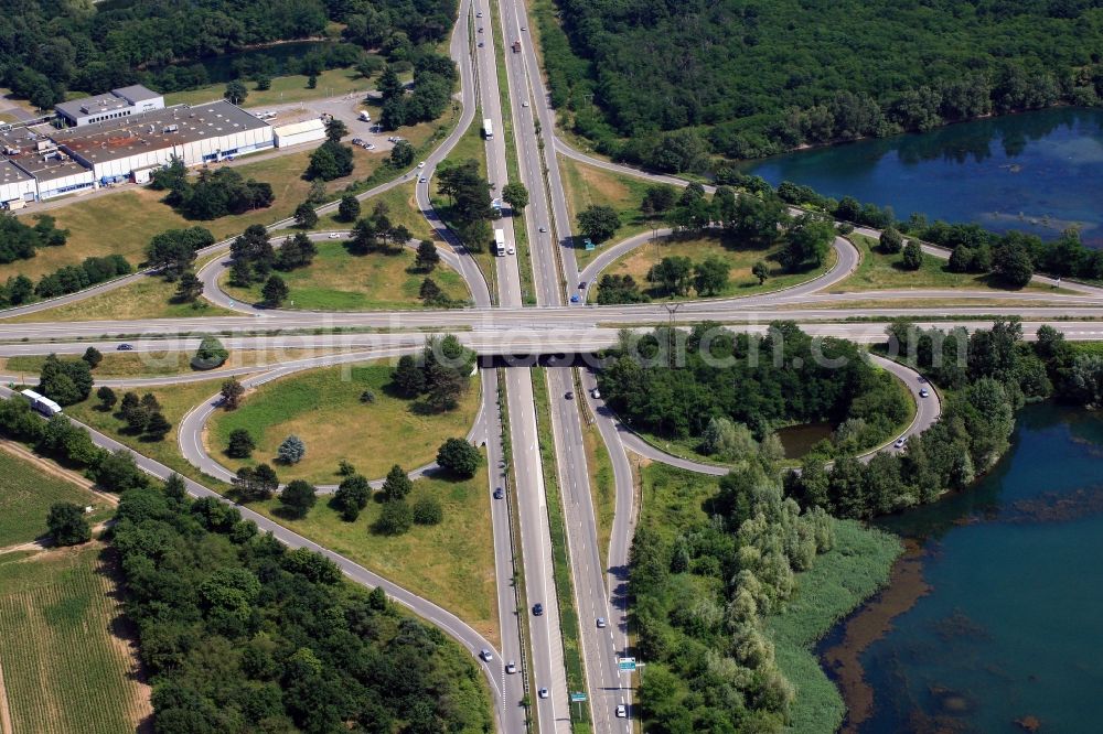 Aerial photograph Cernay - Traffic flow at the intersection- motorway in Cernay in Frankreich, Alsace