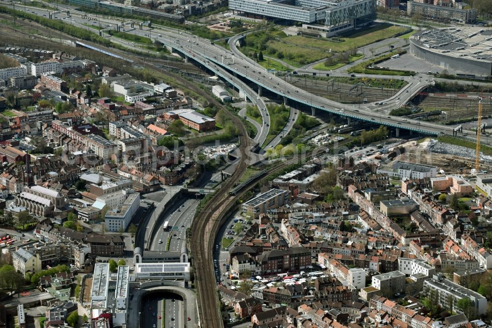 Aerial image Lille - Traffic flow at the intersection- motorway N356 D651 in Lille in Nord-Pas-de-Calais Picardy, France