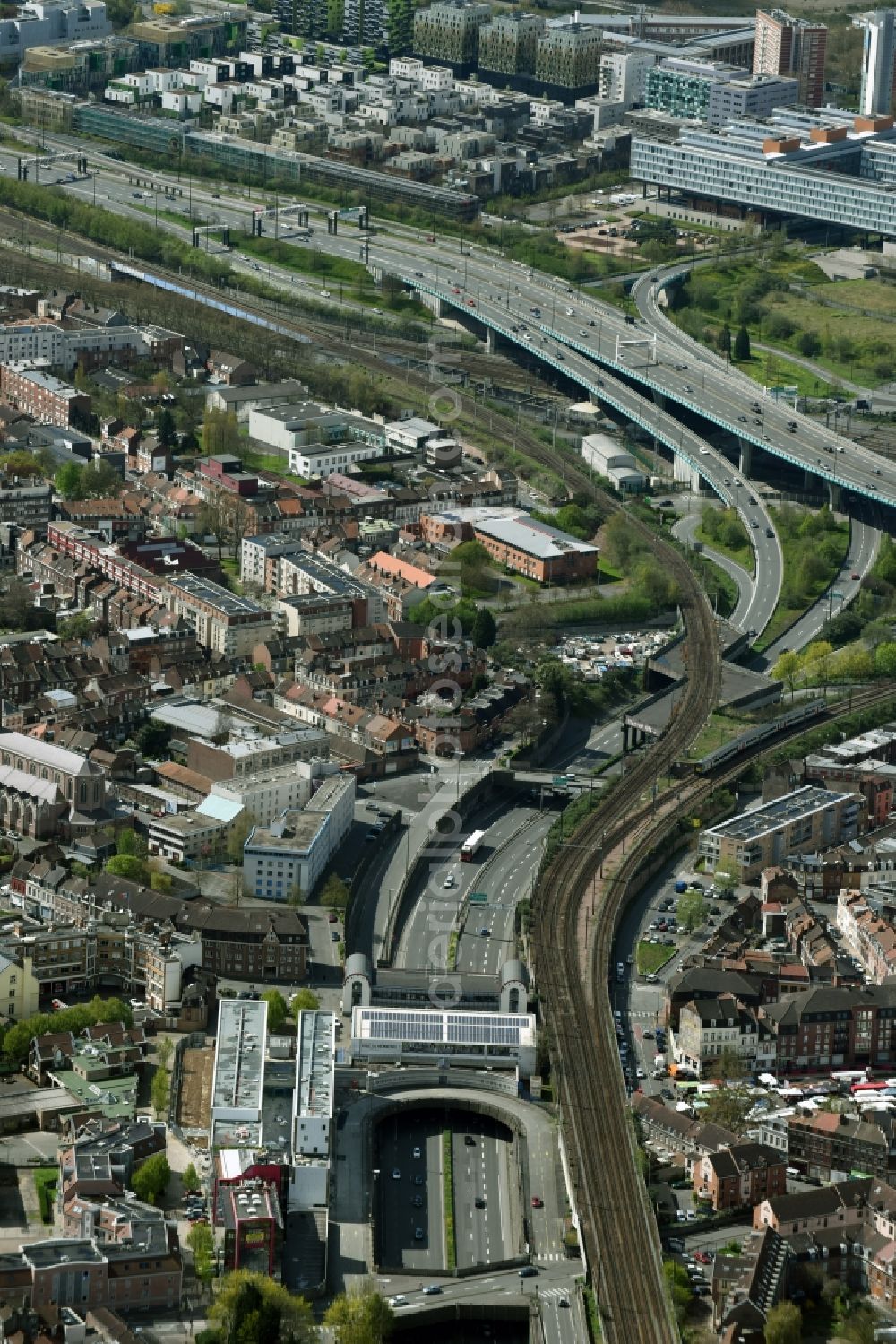 Lille from above - Traffic flow at the intersection- motorway N356 D651 in Lille in Nord-Pas-de-Calais Picardy, France