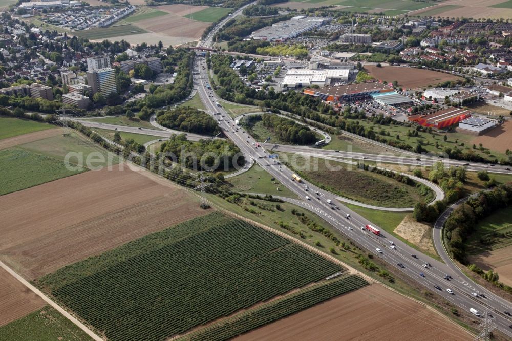 Mainz from above - Traffic flow at the intersection- motorway A 60 and A63 Mainz South in Mainz in the state Rhineland-Palatinate. The A60 runs between the districts of Mainz Bretzenheim and Marienborn