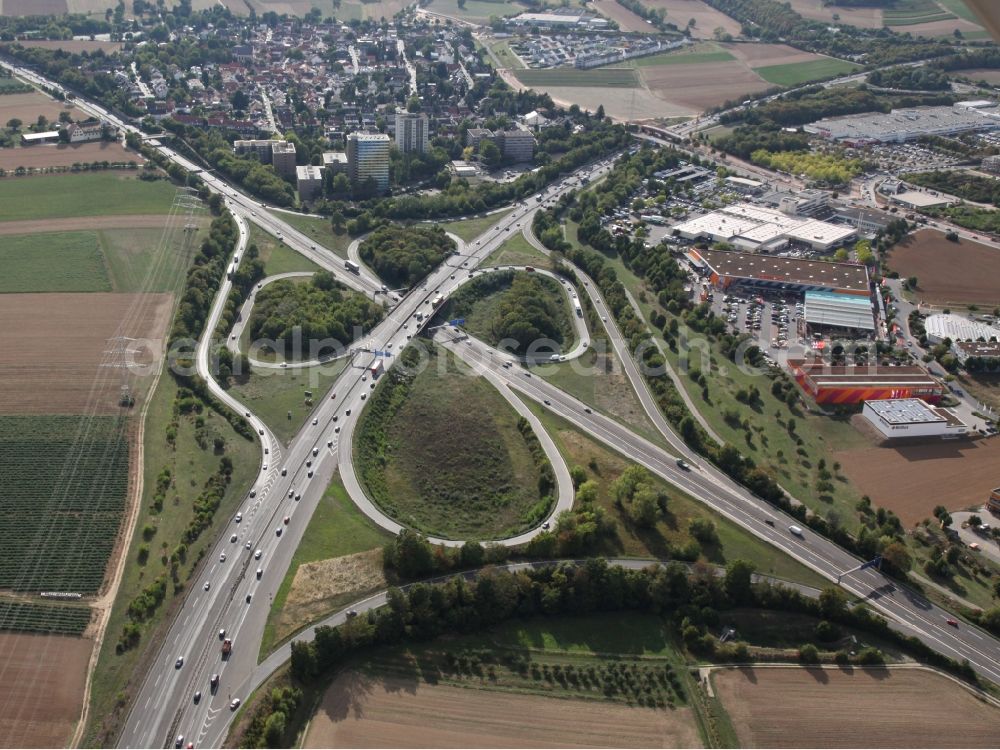 Aerial image Mainz - Traffic flow at the intersection- motorway A 60 and A63 Mainz South in Mainz in the state Rhineland-Palatinate. The A60 runs between the districts of Mainz Bretzenheim and Marienborn