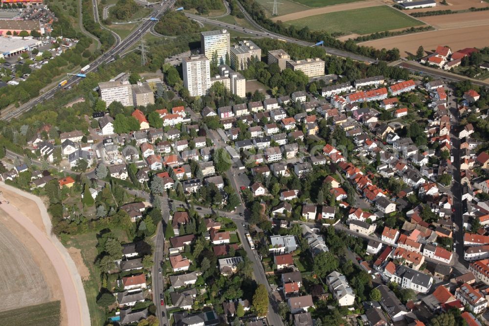 Mainz from above - Traffic flow at the intersection- motorway A 60 and A63 Mainz South in Mainz in the state Rhineland-Palatinate. The district Marienborn is located between the two highways