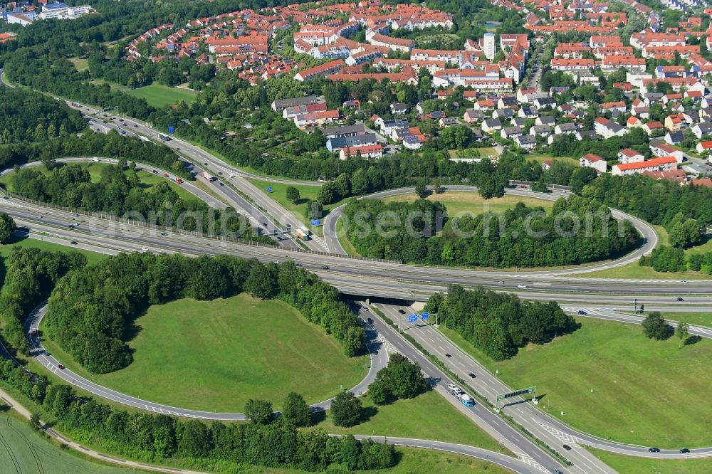 Aerial image Pentling - Traffic guidance at the motorway junction Regensburg at the A44 motorway in Pentling in the federal state of Bavaria, Germany