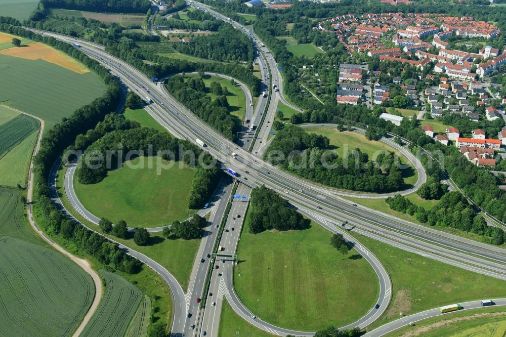 Aerial photograph Pentling - Traffic guidance at the motorway junction Regensburg at the A44 motorway in Pentling in the federal state of Bavaria, Germany