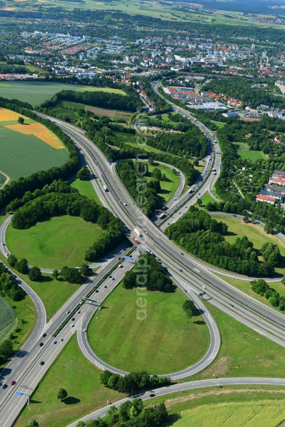 Pentling from above - Traffic guidance at the motorway junction Regensburg at the A44 motorway in Pentling in the federal state of Bavaria, Germany