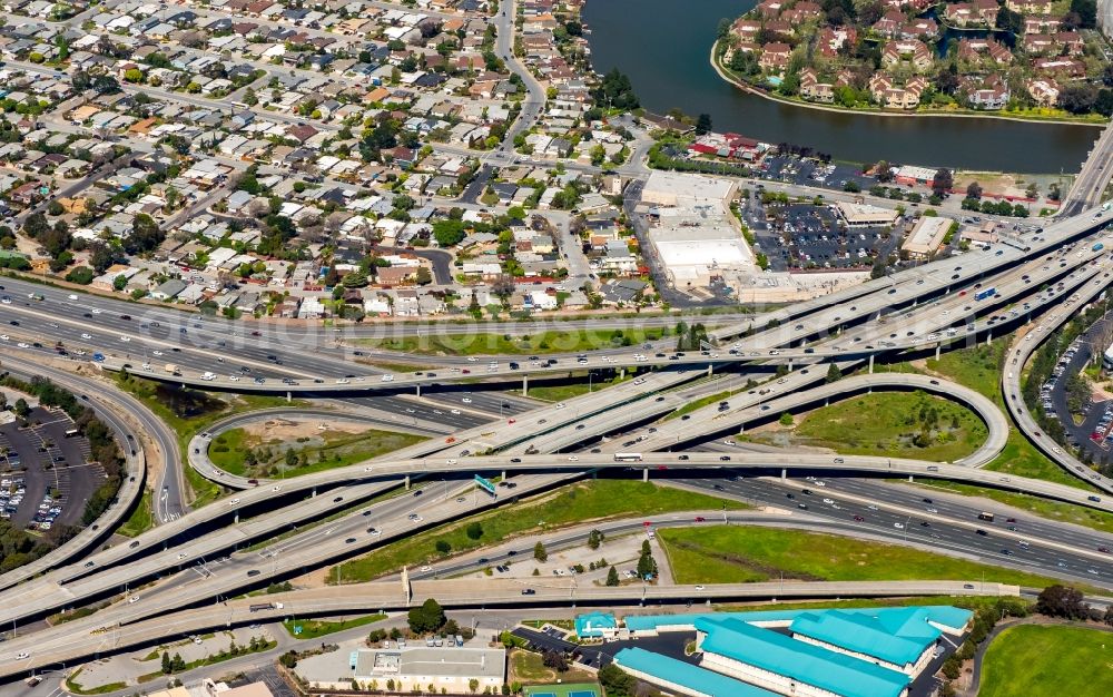 San Mateo from above - Traffic flow at the intersection- motorway 13 A B and 415 B in San Mateo in California, USA