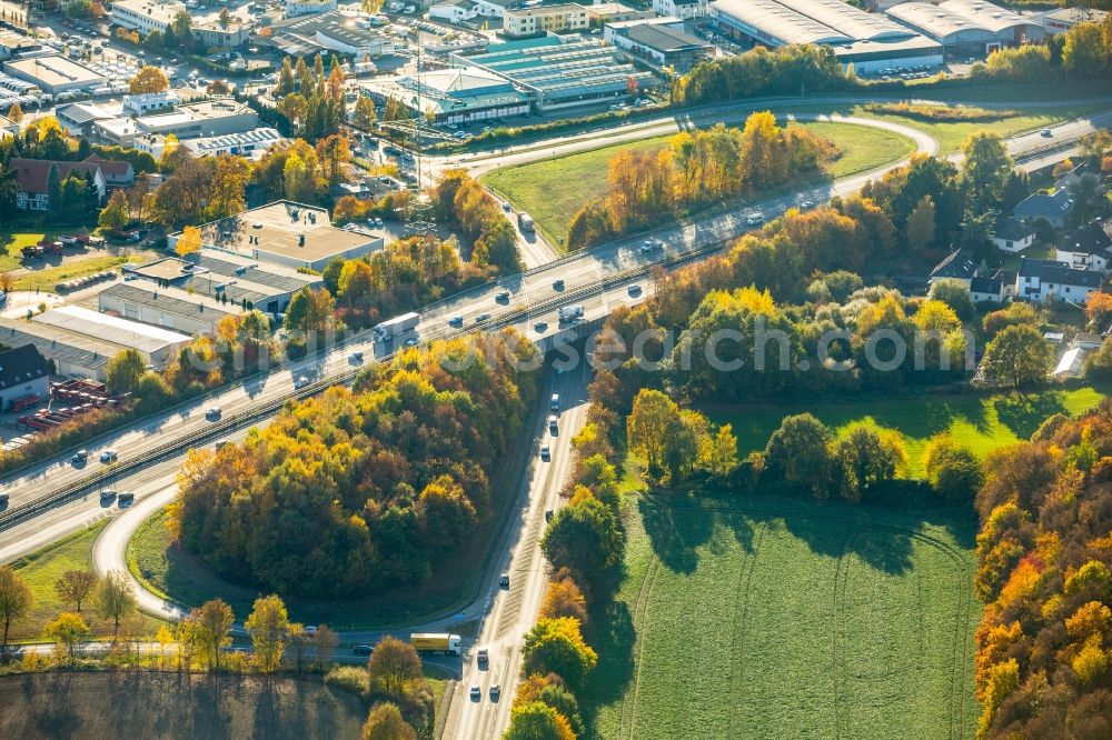 Witten from above - Traffic flow at the motorway A 44 Witten-Stockum in Bochum in the state North Rhine-Westphalia