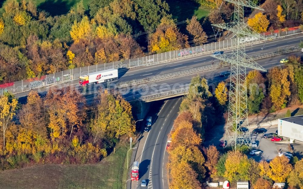 Witten from above - Traffic flow at the motorway A 44 Witten-Stockum in Bochum in the state North Rhine-Westphalia