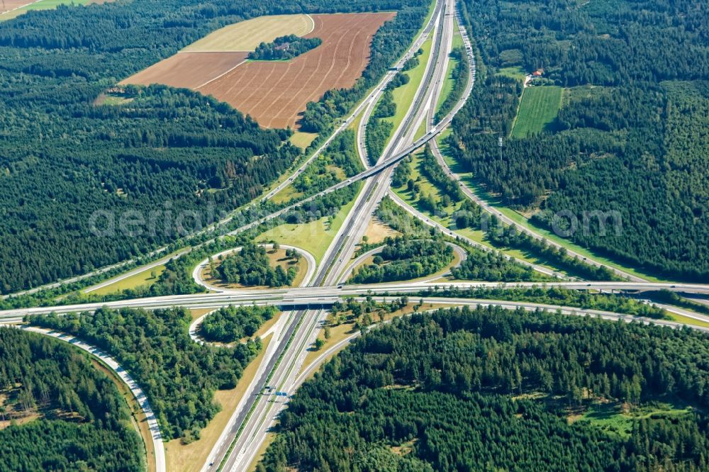 Aerial image Brunnthal - Traffic flow at the intersection- motorway A8 and A99 in Brunnthal in the state Bavaria