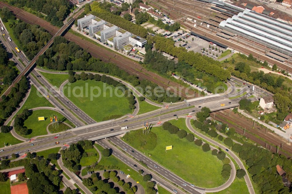 Aerial image Karlsruhe - Traffic flow at the intersection- motorway Suedtangente to A5 Karlsruhe Ettlingen vor dem Edeltrudtunnel in Karlsruhe in the state Baden-Wuerttemberg