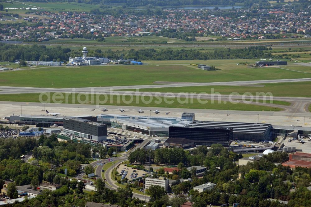 Warschau from above - View of terminals and start and runway of the international commercial airport Warsaw Chopin Airport (IATA: WAW, ICAO: EPWA; Polish Lotnisko Chopina w Warszawie) in Poland