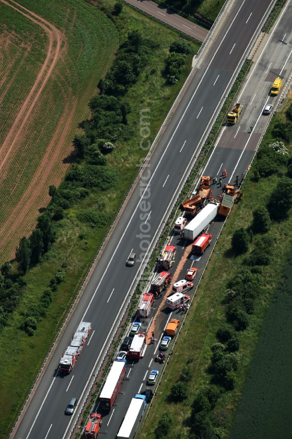 Plötzkau from above - Traffic accident with highway traffic jam on the route of BAB A14 by a truck lorry in Ploetzkau in the state Saxony-Anhalt