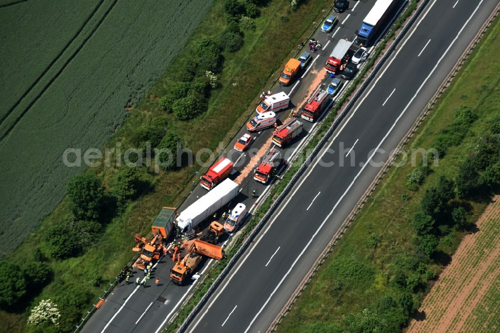 Plötzkau from above - Traffic accident with highway traffic jam on the route of BAB A14 by a truck lorry in Ploetzkau in the state Saxony-Anhalt