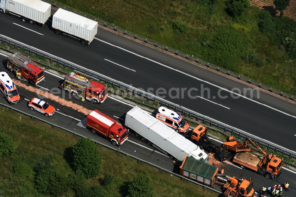 Plötzkau from above - Traffic accident with highway traffic jam on the route of A14 in Ploetzkau in the state Saxony-Anhalt