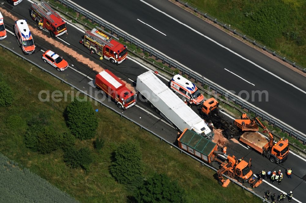 Plötzkau from the bird's eye view: Traffic accident with highway traffic jam on the route of A14 in Ploetzkau in the state Saxony-Anhalt