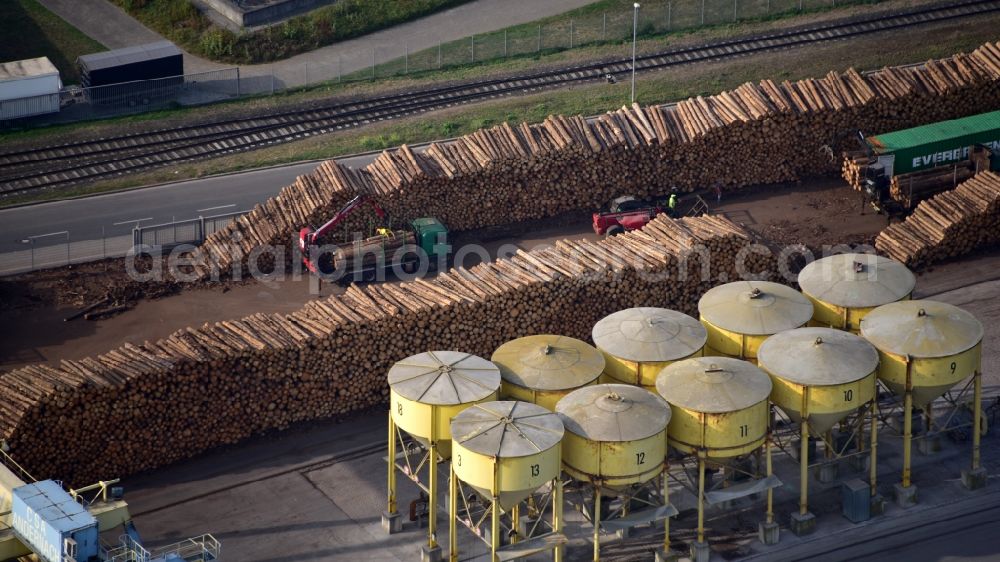 Aerial image Andernach - Loading activity of spruce trunks in the Rhine harbor in Andernach in the state Rhineland-Palatinate, Germany