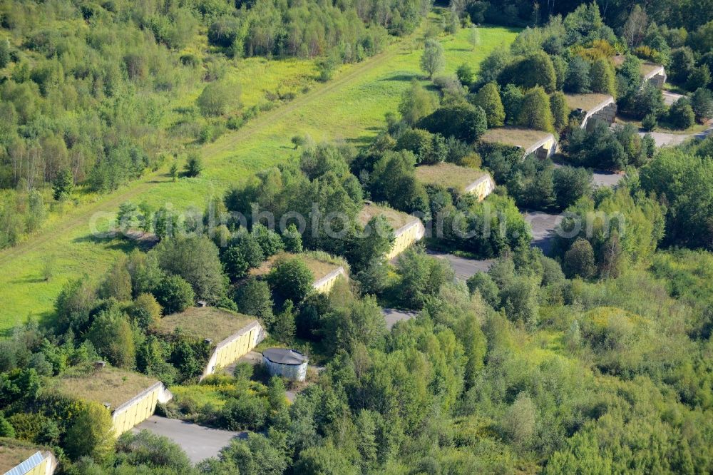 Breitefeld from above - Vacant bunker complex and ammunition depots on the former military training ground the British Armed Forces in Breitefeld in the state Hesse