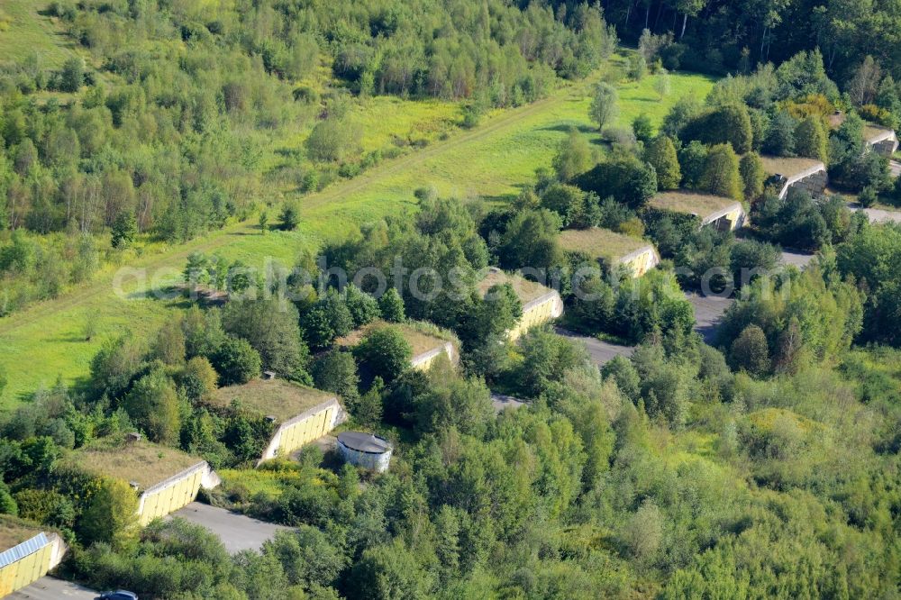 Breitefeld from the bird's eye view: Vacant bunker complex and ammunition depots on the former military training ground the British Armed Forces in Breitefeld in the state Hesse