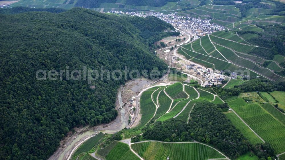 Aerial photograph Bad Neuenahr-Ahrweiler - Course of the Ahr east of Marienthal (Ahr), in the background Dernau after the flood disaster in the Ahr valley this year in the state Rhineland-Palatinate, Germany