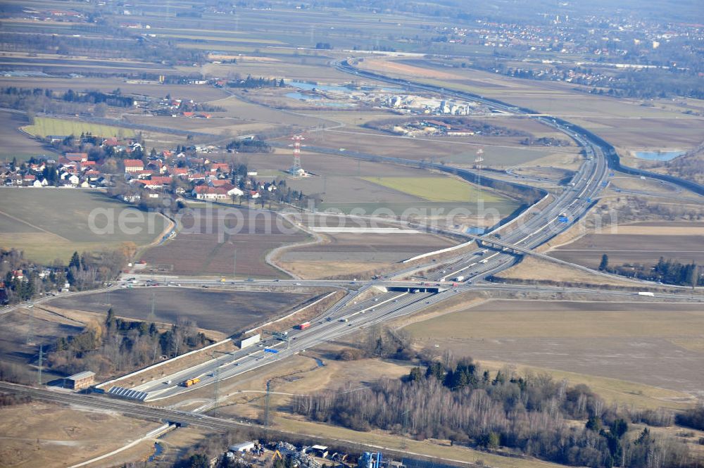 München from the bird's eye view: Blick auf den Verlauf der neugebauten Autobahn BAB A6 bei München - Aubing-Lochhausen-Langwied südlich des Kreuzes München-West. Course of the newly built highway A6 motorway near Munich - Aubing-Lochhausen-Langwied.