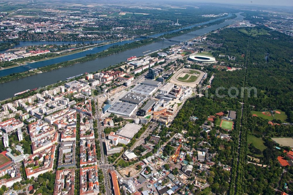 Aerial image Wien - View of the course of the Danube through the city centre of Vienna in Austria. Further away you can see the Ernst-Happel-Stadion and the nearby trotting course Krieau