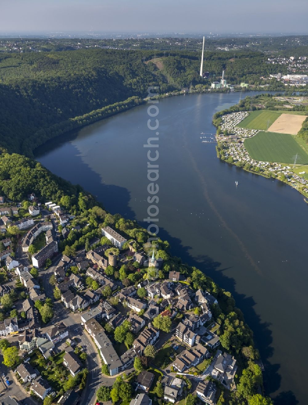 Wetter from above - View of the course of the Harkortsee along the freedom of the castle of Wetter to the Cuno power station in the ruhr in the state North Rhine-Westphalia